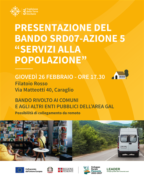 SSL 2023-2027 - Pubblicazione Bando pubblico Intervento SRD07 "Investimenti in infrastrutture per l'agricoltura e per lo sviluppo socio-economico delle aree rurali - Azione 5 Infrastrutture ricreative pubbliche"